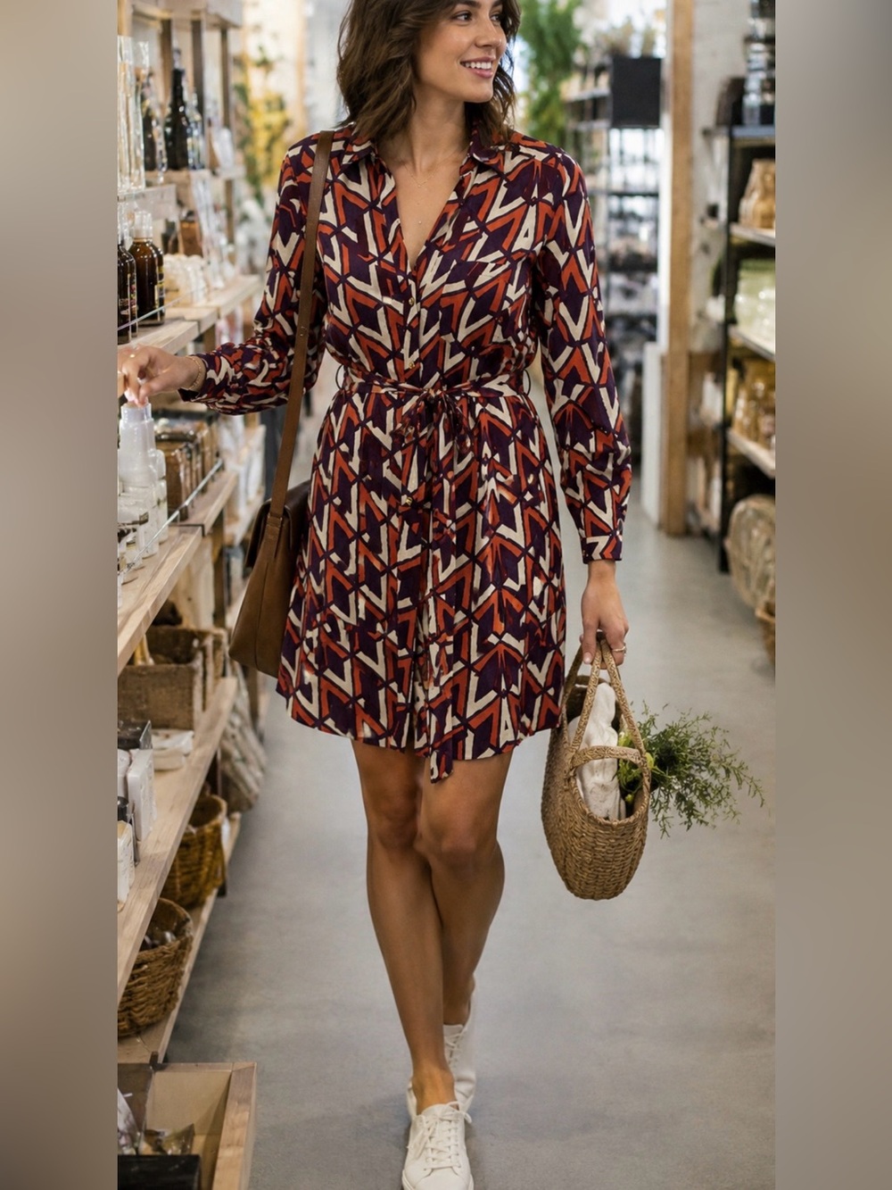 Outback Red Geometric V-Neck Tie-Waist Midi Dress in Burgundy, Cream, Rust